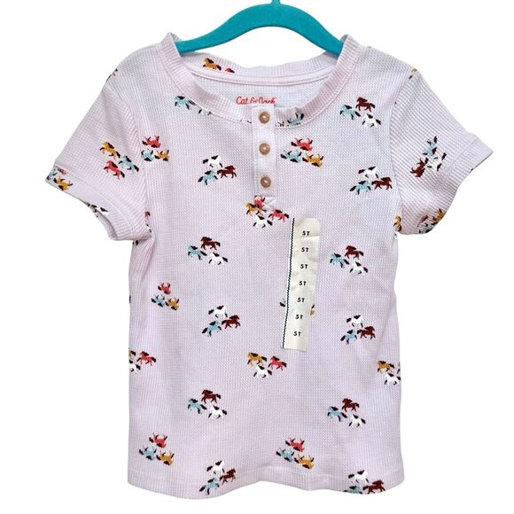 Cat & Jack Girls Kids Short Sleeve Lavender Horse Pattern Henley Tee. 5. 5T. NEW - Picture 1 of 8